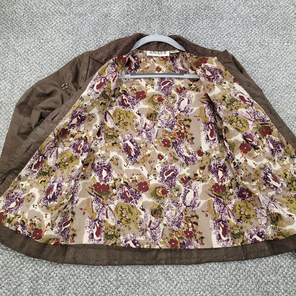 Anage Brown Studded Faux Suede Embroidered Jacket XS Floral Lining Boho Western